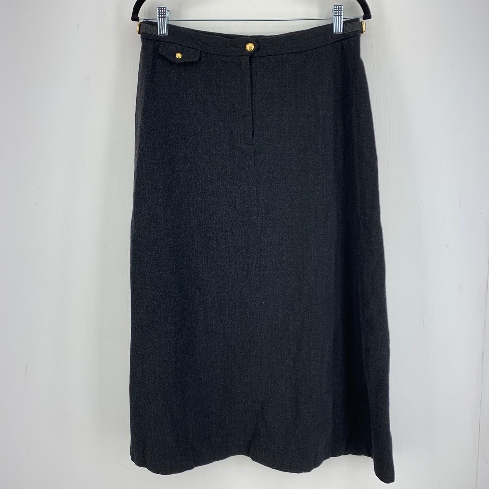 Vtg 90s Lauren Ralph Lauren Preppy Midi Skirt Gold Crest Buttons 10 Quiet Luxe